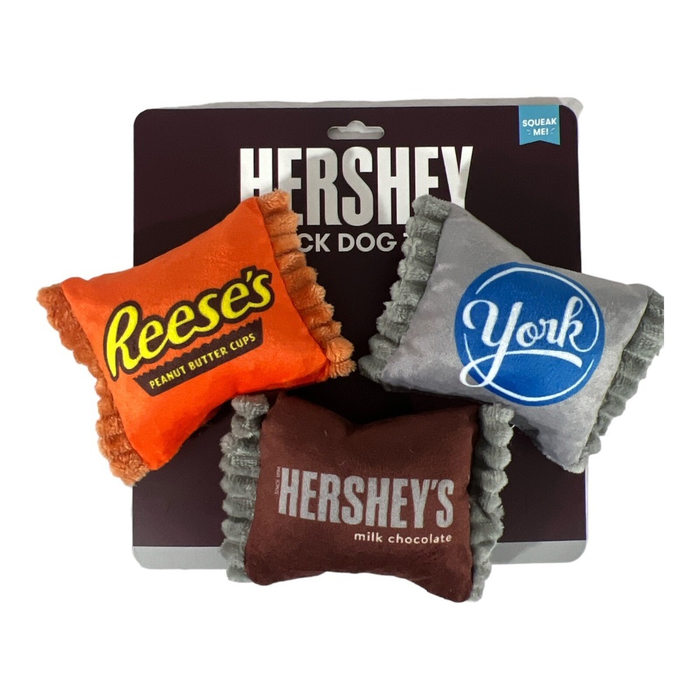 NEW Dog Toys 3 Small Plush Hershey Chocolate Bars Toys Squeak & Crinkle Noise